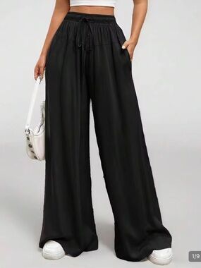 Yozy High-Waist Black Wide Leg Pants with Drawstring - Size Large